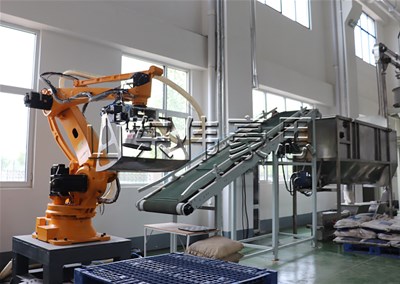 堿粉全自動破袋機(jī)械手，機(jī)器人拆垛拆包裝置試機(jī)中